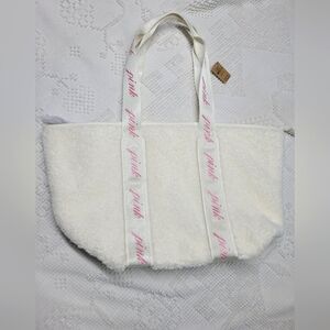 PINK Victoria's Secret Ivory White And Pink Sherpa Tote Bag, New, Fleece